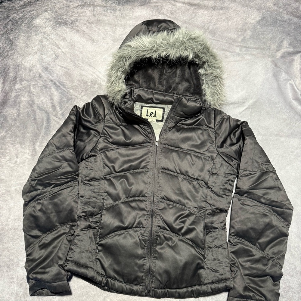 LEI Dark Grey Jacket with Faux Fur Trim